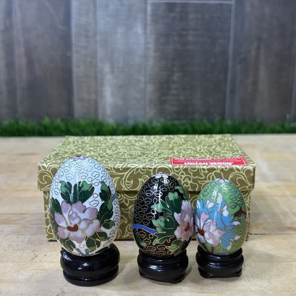 Vintage Lillian Vernon Cloisonne Eggs Set of 3 Original Box